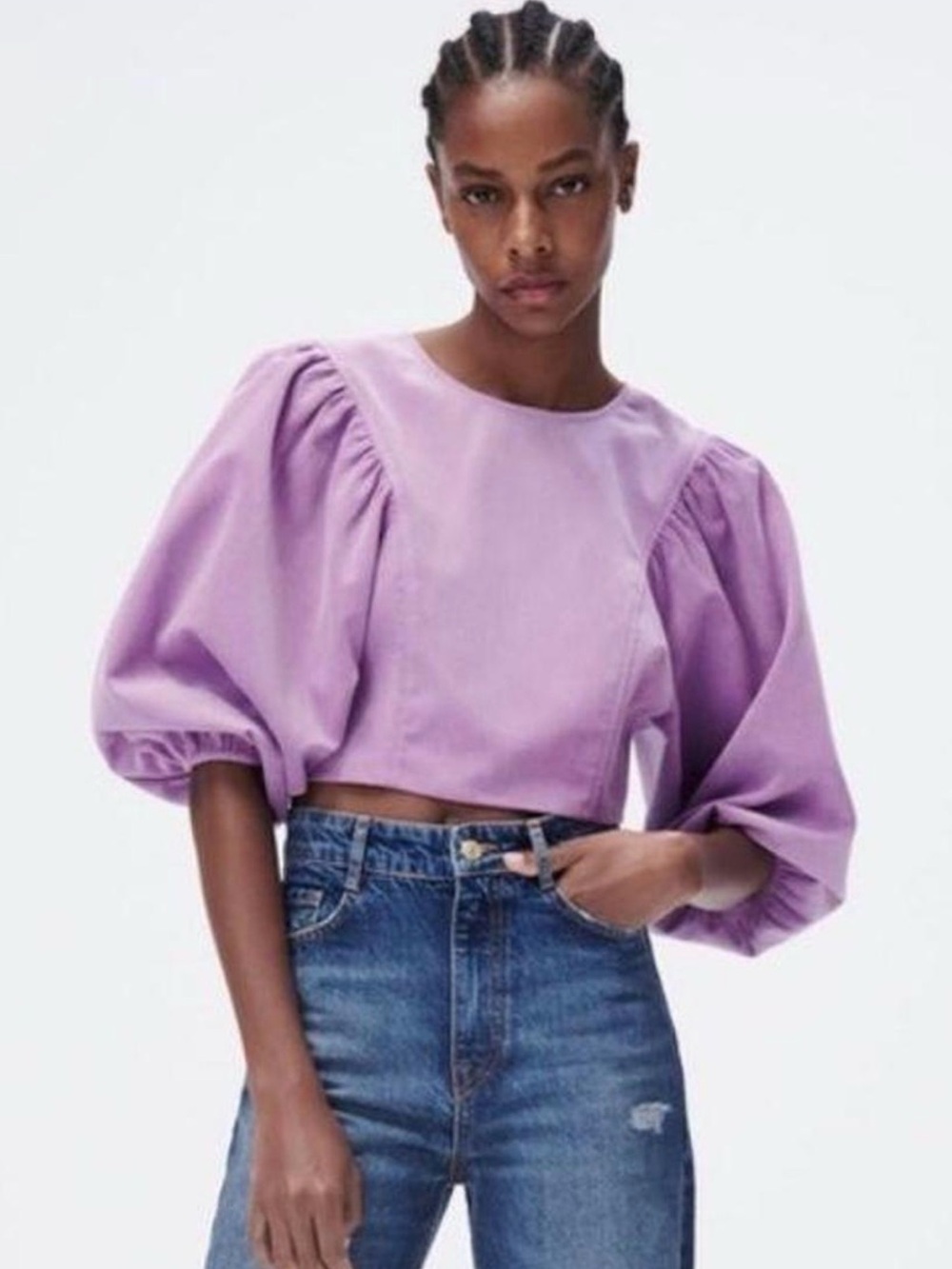 Zara Lilac Puff-Sleeve Crop Top